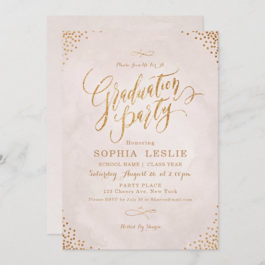 Goldene Rose-Goldkalligraphie-Graduierungsparty Einladung (Vorne/Hinten)