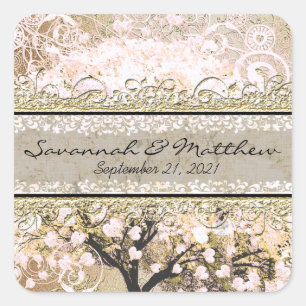 Goldene Rose Herz Blatt Baum Quadratische Hochzeit Quadratischer Aufkleber
