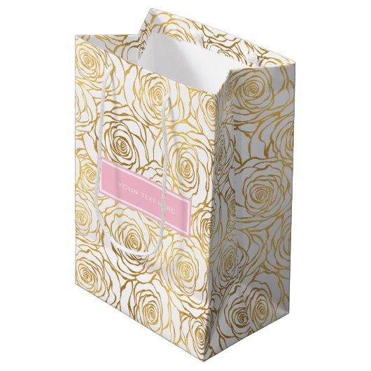 Goldene Rose mit Rosa Mittlere Geschenktüte (Vorderseite Schrägansicht)