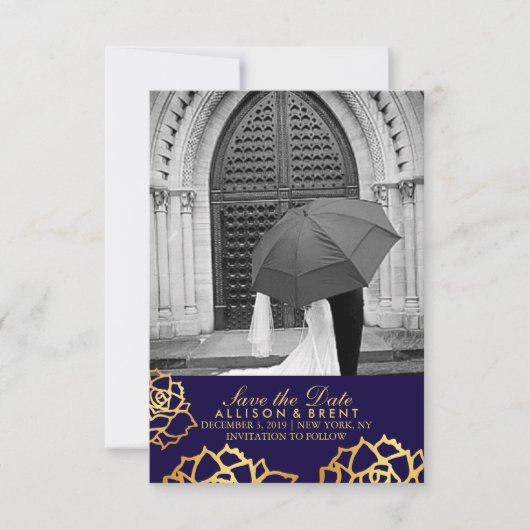 Goldene Rose Save the Date - Blau (Vorderseite)