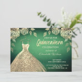 Goldene Rose sequenzieren Goldkleid Quinceañera Gr Einladung (Stehend Vorderseite)