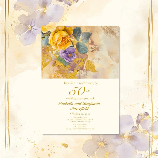 Goldene Rose und Violetten 50. Hochzeitstag Einladung