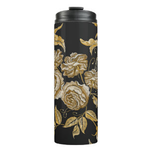 Goldene Rose: Vintages Stickereimuster Thermosbecher