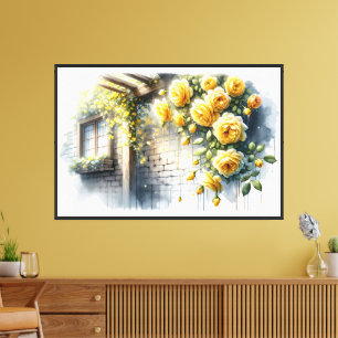Goldene Rosen an der Wand eines rustikalen Stein C Leinwanddruck