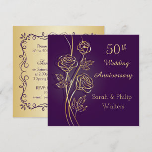 Goldene Rosen auf lila zum 50. Hochzeitstag Einladung