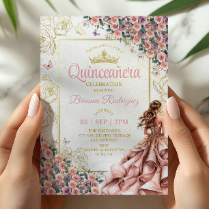 Goldene Rosen mit rosafarbenem Schimmer Quinceañer Einladung