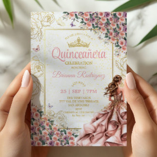 Goldene Rosen mit rosafarbenem Schimmer Quinceañer Einladung