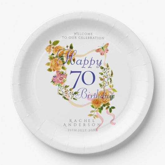 Goldene Rosen-Schleife 70. Geburtstag Pappteller (Vorderseite)
