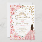 Goldene Rosen Schmetterlinge Quinceanera Einladung (Vorderseite)