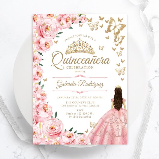 Goldene Rosen Schmetterlinge Quinceanera Einladung