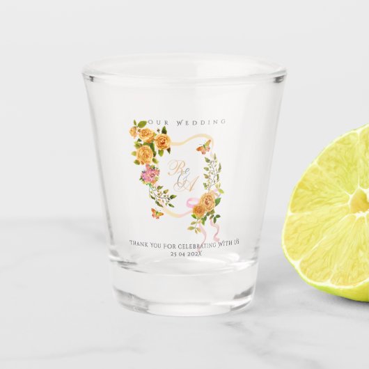 Goldene Rosenband-Monogramm-Hochzeit  Schnapsglas (Vorderseite)