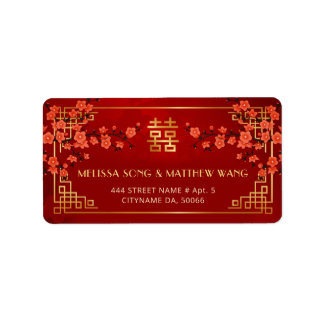 Goldene rote Blüten chinesisches Hochzeitslabel Adressaufkleber