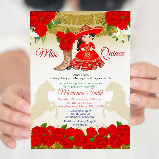 Goldene rote Charro-Quinceañera-Einladung Einladung