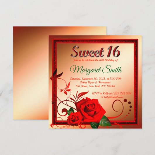 Goldene rote Rose süß 16 Einladung (Vorne/Hinten)