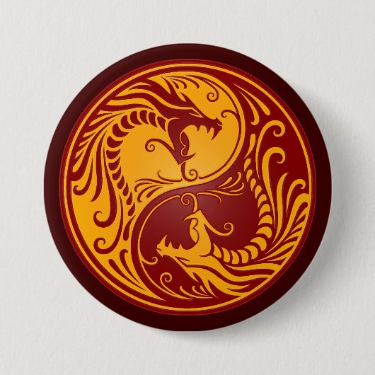 Goldene rote Yin Yang Drachen Button (Vorderseite)