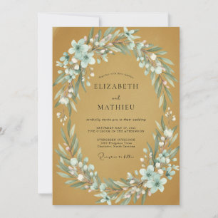 Goldene Rustikale Blumenkranz Hochzeit Einladung