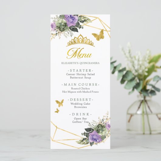 Goldene Sage Green Lila Princesa Quinceañera Menükarte (Stehend Vorderseite)