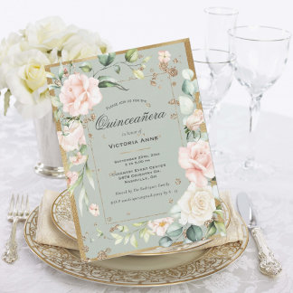 Goldene Sage Grün Elegant Blumengestein Quinceñera Einladung