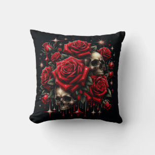 Goldene Schädel und rote Rosen funkeln gothic Glam Kissen