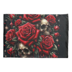 Goldene Schädel und rote Rosen funkeln Gothic Glam Kissenbezug