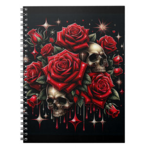 Goldene Schädel und rote Rosen funkeln Gothic-Glam Notizblock