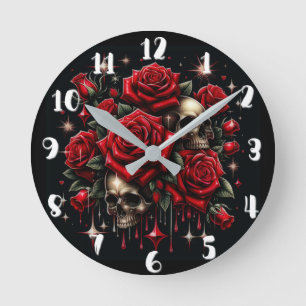 Goldene Schädel und rote Rosen funkeln gothic Glam Runde Wanduhr