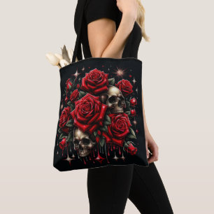Goldene Schädel und rote Rosen funkeln Gothic Glam Tasche