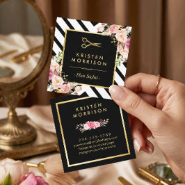 Goldene Schere Blume Friseur Stylist Schönheitssal Quadratische Visitenkarte