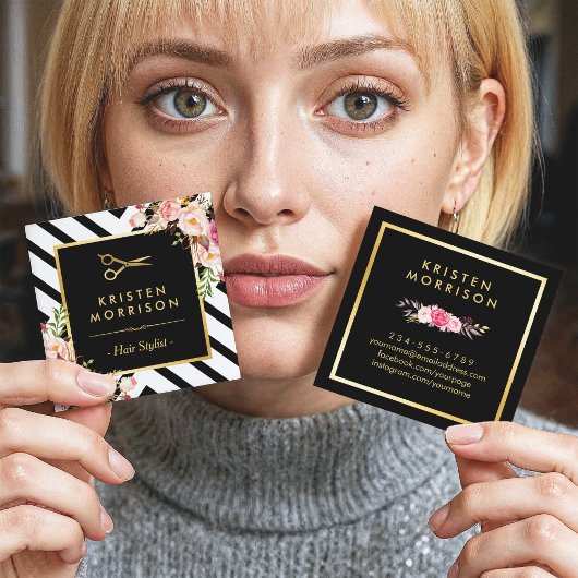 Goldene Schere Blume Friseur Stylist Schönheitssal Quadratische Visitenkarte