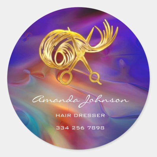 Goldene Schere Logo-Haartrockner Stylist Blau Runder Aufkleber (Vorderseite)