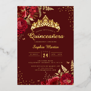 Goldene Schmetterling Rote Gold Blumenquinceanera Folieneinladung