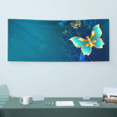 Goldene Schmetterlinge auf blauem Hintergrund Banner (Messe)