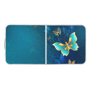 Goldene Schmetterlinge auf blauem Hintergrund Beer Pong Tisch