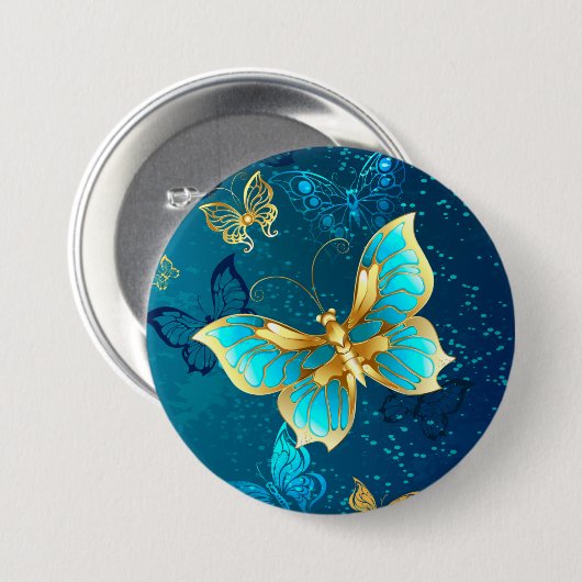 Goldene Schmetterlinge auf blauem Hintergrund Button (Vorne & Hinten)