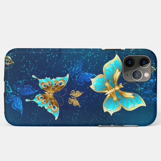 Goldene Schmetterlinge auf blauem Hintergrund Case-Mate iPhone Hülle (Rückseite (Horizontal))