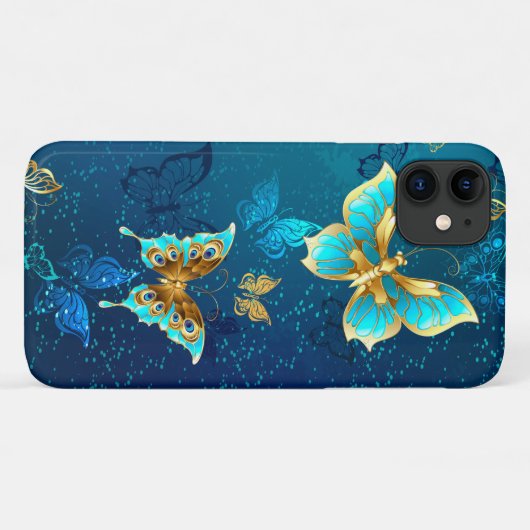 Goldene Schmetterlinge auf blauem Hintergrund Case-Mate iPhone Hülle (Rückseite (Horizontal))