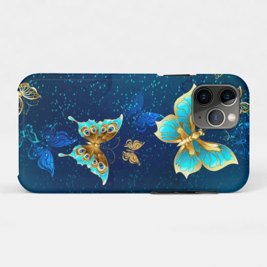 Goldene Schmetterlinge auf blauem Hintergrund Case-Mate iPhone Hülle (Rückseite (Horizontal))