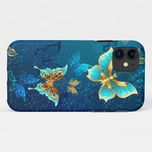 Goldene Schmetterlinge auf blauem Hintergrund Case-Mate iPhone Hülle (Rückseite (Horizontal))