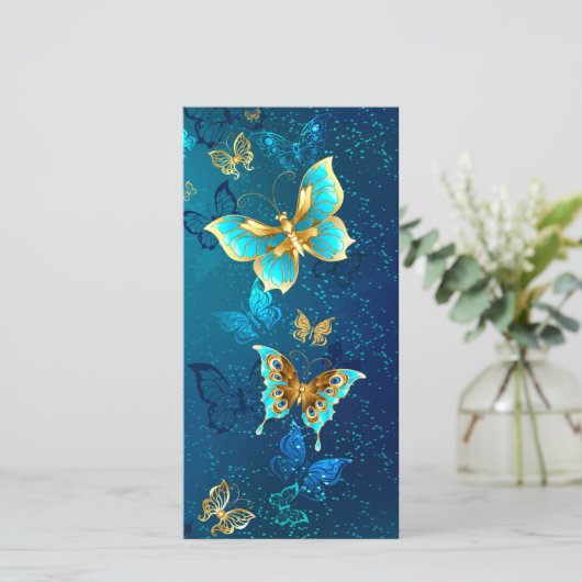 Goldene Schmetterlinge auf blauem Hintergrund Dankeskarte (Stehend Vorderseite)