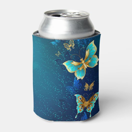 Goldene Schmetterlinge auf blauem Hintergrund Dosenkühler (Kanne Vorderseite)