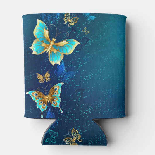 Goldene Schmetterlinge auf blauem Hintergrund Dosenkühler (Rückseite)