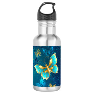 Goldene Schmetterlinge auf blauem Hintergrund Edelstahlflasche