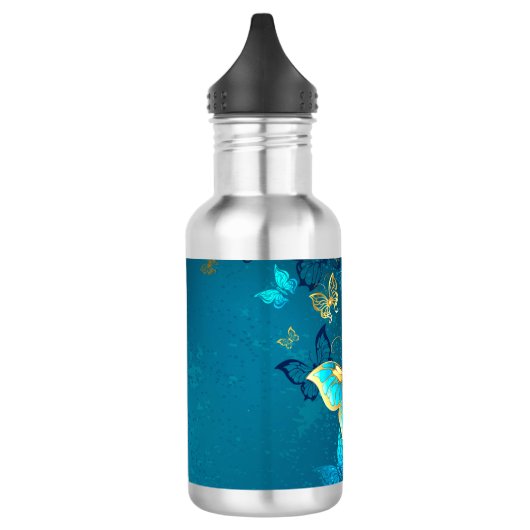 Goldene Schmetterlinge auf blauem Hintergrund Edelstahlflasche (Links)