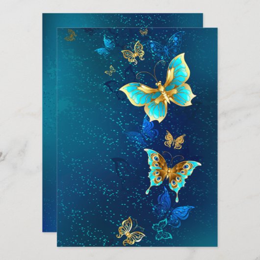 Goldene Schmetterlinge auf blauem Hintergrund Einladung (Vorne/Hinten)