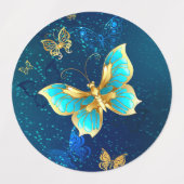 Goldene Schmetterlinge auf blauem Hintergrund Etiketten (Design 1)