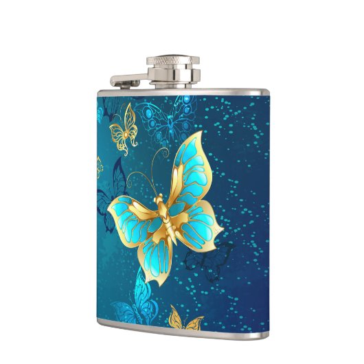 Goldene Schmetterlinge auf blauem Hintergrund Flachmann (Links)