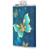 Goldene Schmetterlinge auf blauem Hintergrund Flachmann (Links)