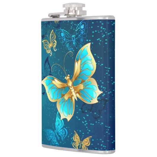 Goldene Schmetterlinge auf blauem Hintergrund Flachmann (Links)