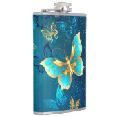 Goldene Schmetterlinge auf blauem Hintergrund Flachmann (Rechts)