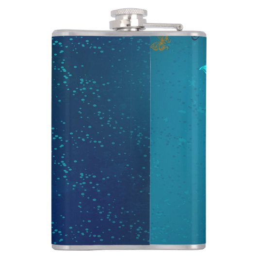 Goldene Schmetterlinge auf blauem Hintergrund Flachmann (Rückseite)